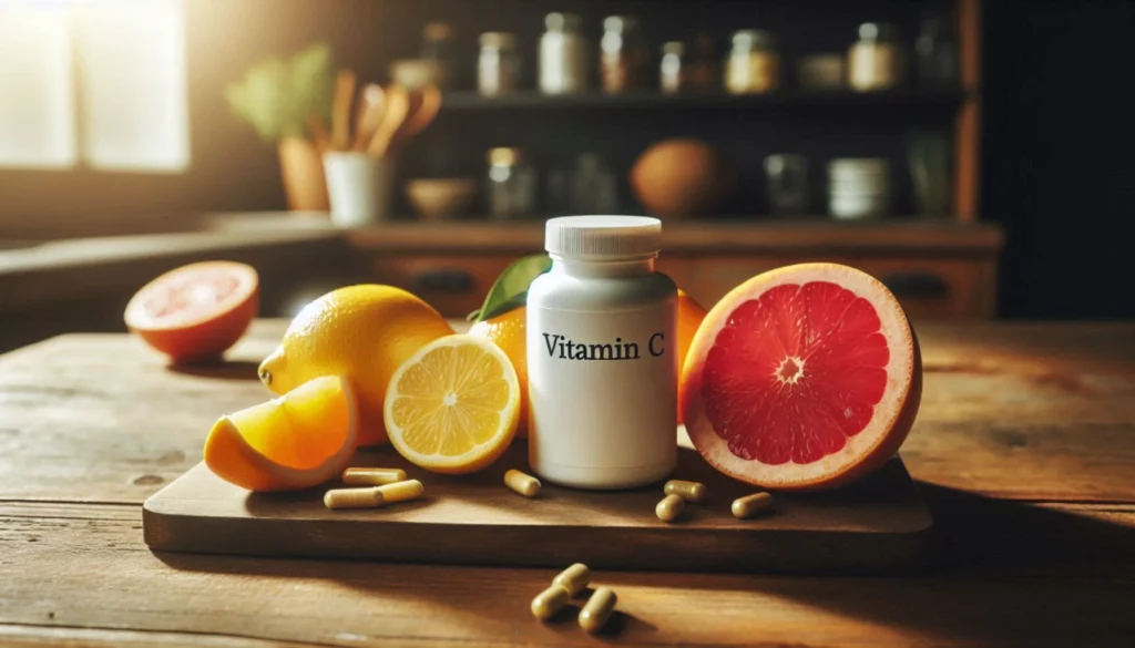 A bottle of vitamin C supplements with scattered pills, surrounded by sliced lemons and grapefruits on a wooden board