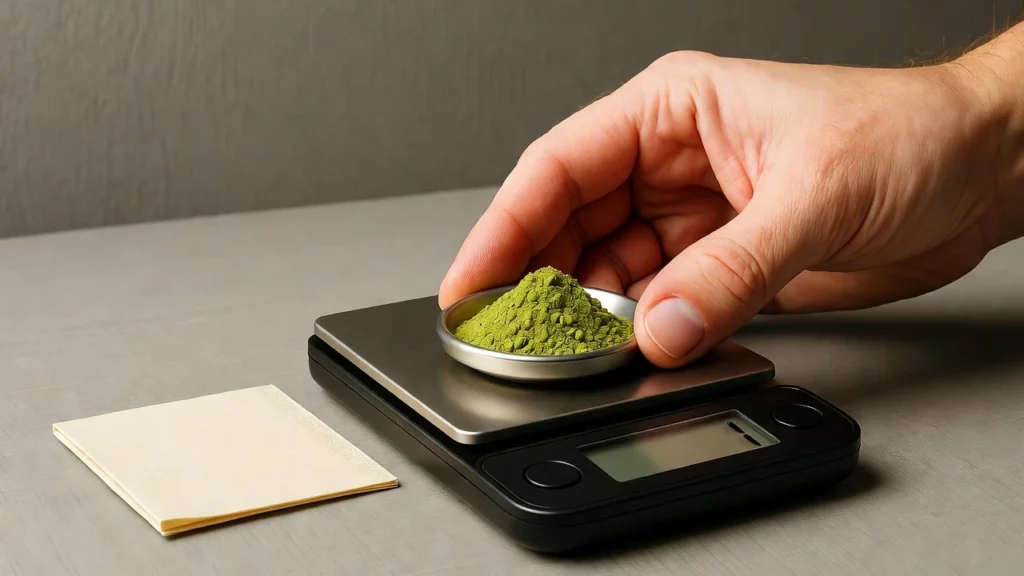 Hand placing small bowl of green kratom powder on digital scale beside square tissue paper