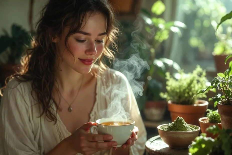 A woman holding a cup of tea near a bowl of kratom powder with sunlight filtering through a window, focusing on kratom and women’s health