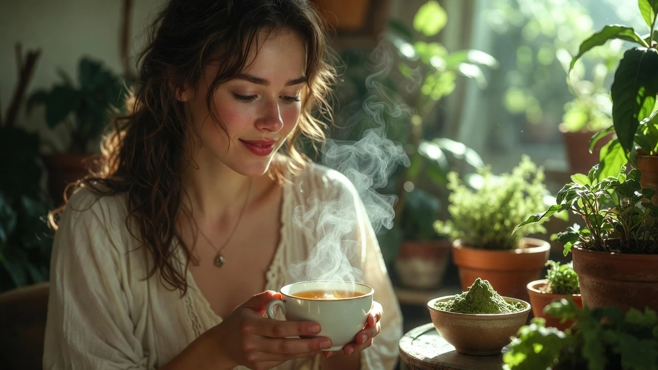 A woman holding a cup of tea near a bowl of kratom powder with sunlight filtering through a window, focusing on kratom and women’s health