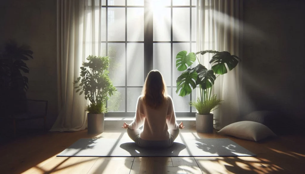 A woman sitting in a meditative pose on a mat, facing a large sunlit window with lush green plants on either side