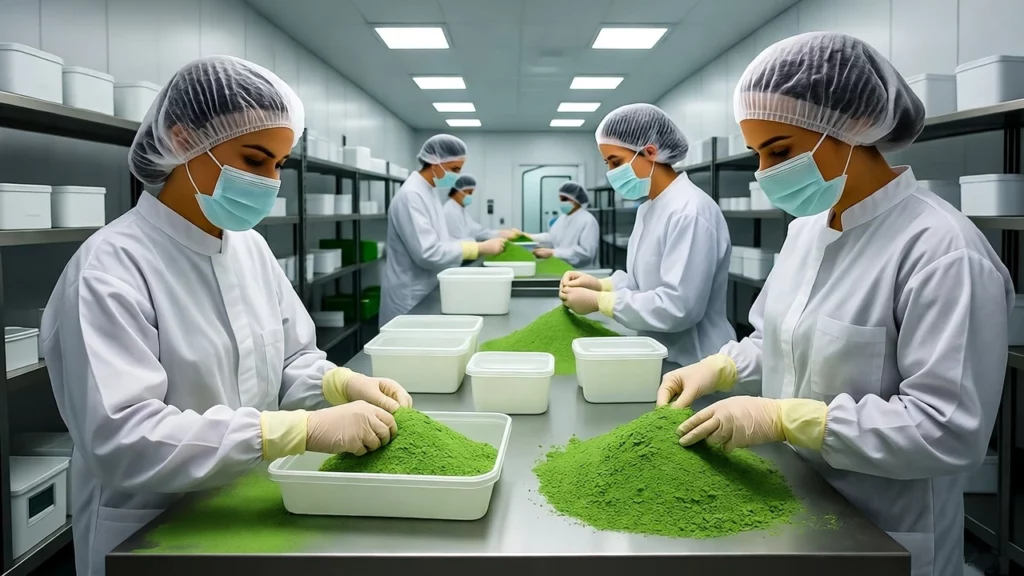 Workers in white coats and masks sorting green kratom powder into containers in a clean facility