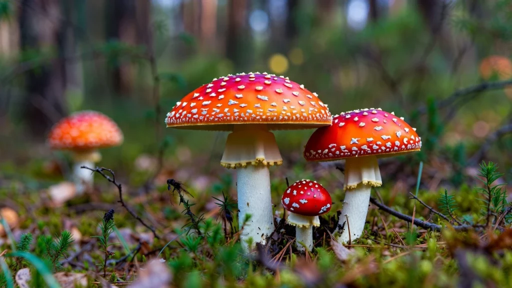 A cluster of Amanita muscaria mushrooms with bright red caps covered in white warts growing in a mossy forest floor