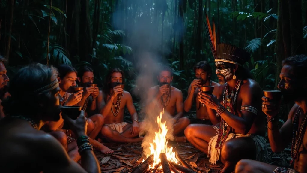 Indigenous shaman leading a group of participants in an ayahuasca plant medicine ceremony at night in dense Amazon rainforest
