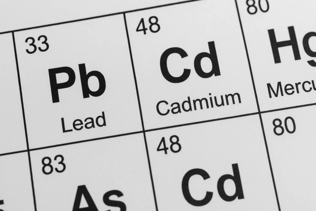 Periodic table of elements up close showing lead, cadmium and mercury