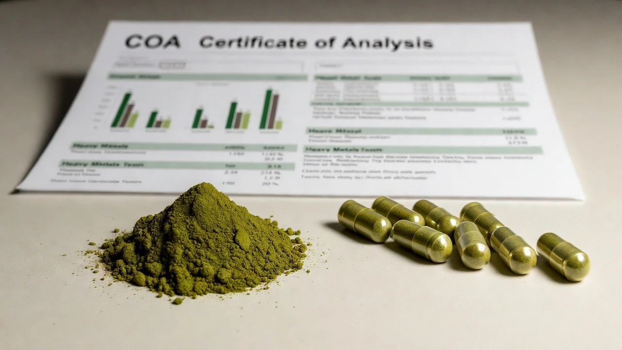Certificate of Analysis document for heavy metals testing placed behind kratom powder and capsules