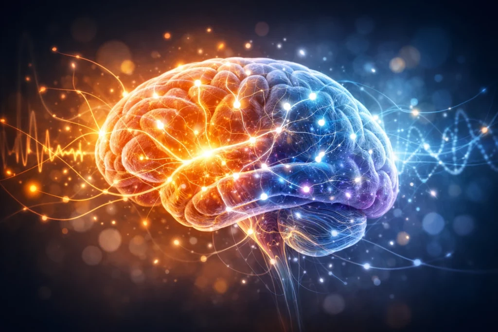 A human brain divided into warm orange biological left half and cool blue neural network right half, connected by glowing nodes and lines