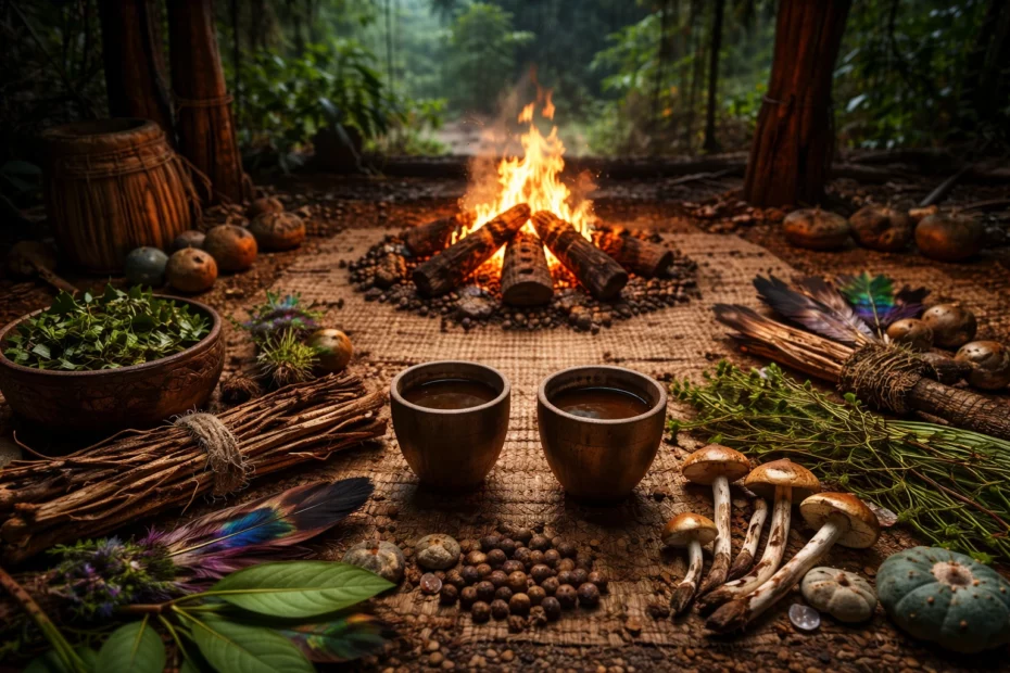 Shamanic plant medicine ceremony setup with entheogens brewed in wooden cups, and other plant medicines by a fire in the forest