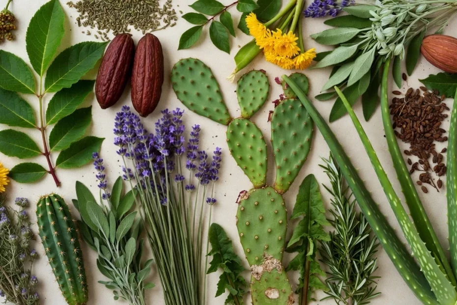 Flat lay arrangement of diverse medicinal plants for plant medicine classification including aloe vera, lavender, cacao pods, and dandelion