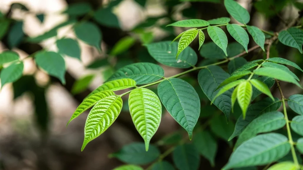 Close-up view of fresh kratom leaves on branches