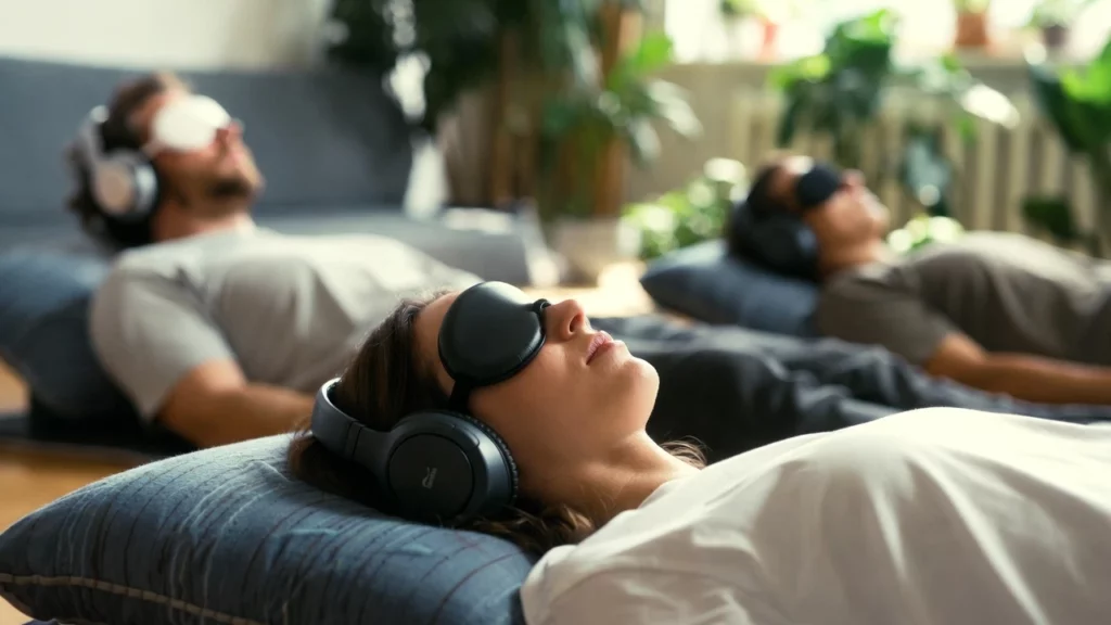 People lying down in a calm room wearing eye masks and over-ear headphones during a guided plant medicine therapy session