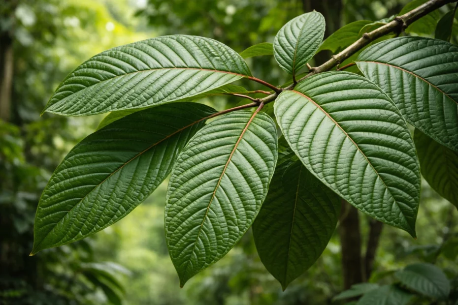Close-up of mature, harvestable leaves with glossy dark green surfaces and prominent reddish central veins of the kratom plant