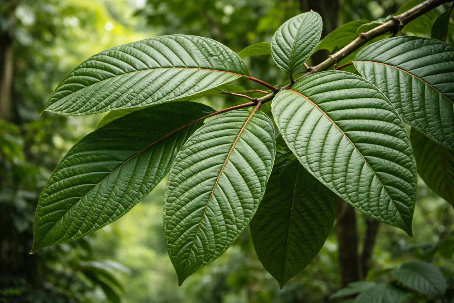 Close-up of mature, harvestable leaves with glossy dark green surfaces and prominent reddish central veins of the kratom plant
