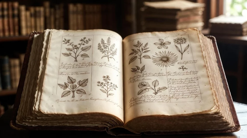 Open antique herbal medicine book displaying detailed botanical illustrations and handwritten Latin plant descriptions