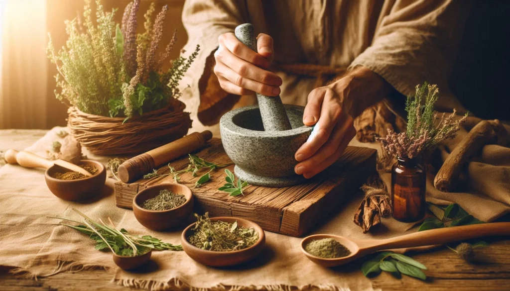 Person in linen sleeves grinding dried herbs and spices in a stone mortar and pestle surrounded by fresh and dried plants