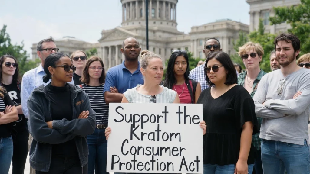 Diverse group of adults standing in front of a capitol building holding a kratom advocacy support signs