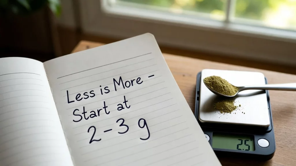 Open notebook with handwritten text “Less is More – Start at 2–3 g” next to a digital scale displaying 2.5 g of kratom powder in a metal spoon