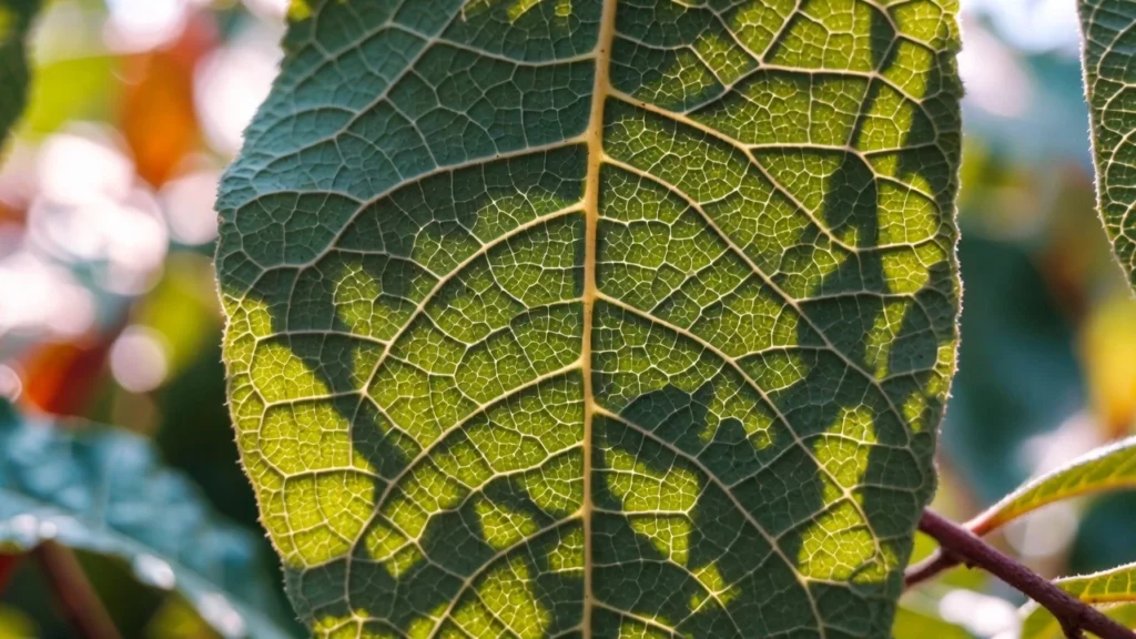 Extreme close-up of a fresh kratom leaf, showing detailed pinnate venation and glossy dark-green surface