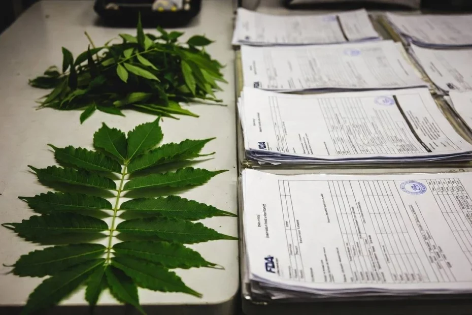Fresh kratom leaves arranged next to stacks of official FDA documents on a white table highlighting kratom and the FDA regulatory scrutiny