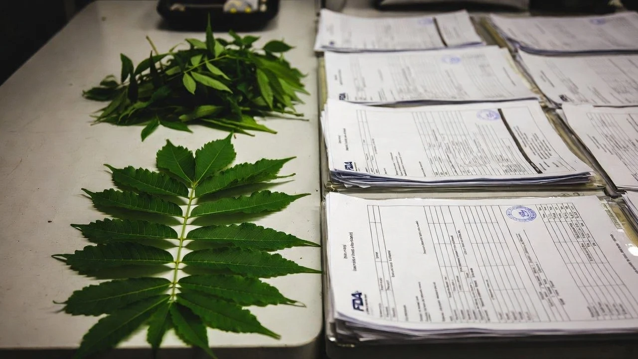 Fresh kratom leaves arranged next to stacks of official FDA documents on a white table highlighting kratom and the FDA regulatory scrutiny