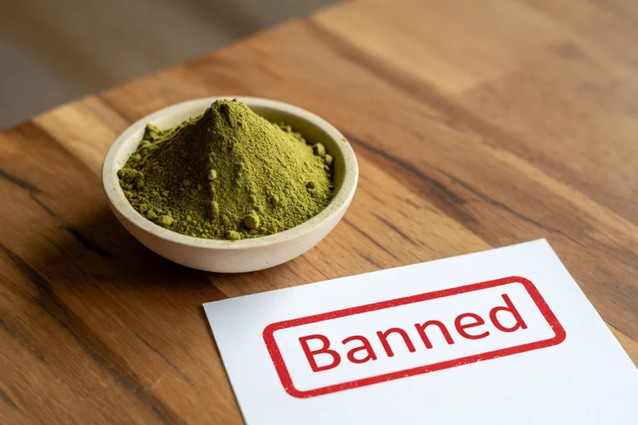A bowl of kratom powder by a printed paper with "Banned" written, highlighting an emergency kratom ban in Ohio