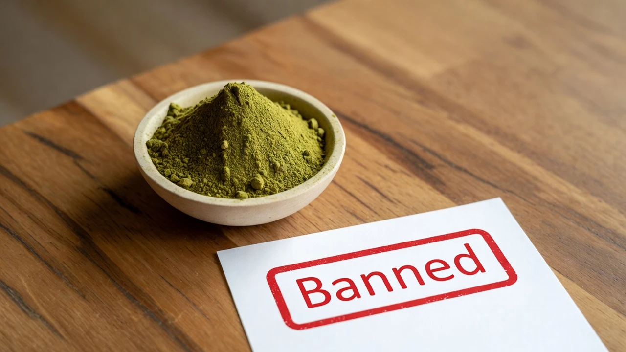 A bowl of kratom powder by a printed paper with "Banned" written, highlighting an emergency kratom ban in Ohio