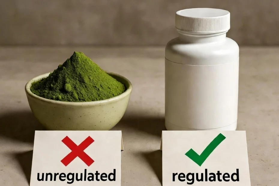 Kratom powder bowl next to white supplement bottle with two placards that show how these items are regulated differently
