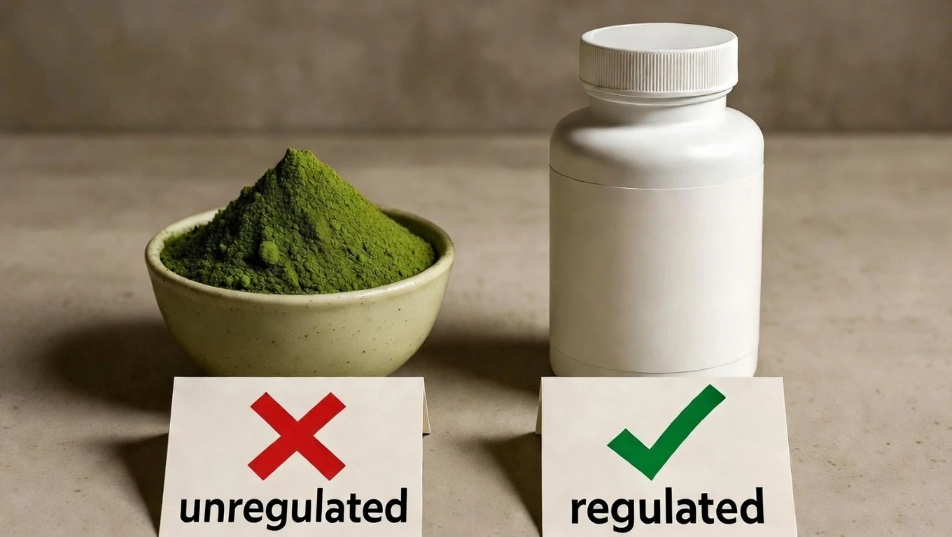 Kratom powder bowl next to white supplement bottle with two placards that show how these items are regulated differently