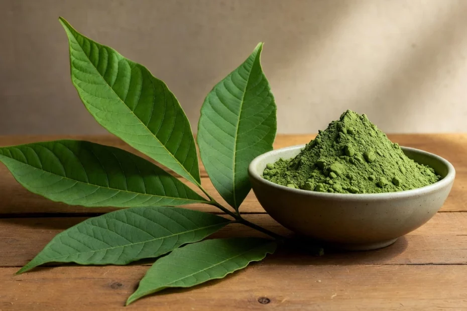 Kratom and the placebo effect with fresh green kratom leaves beside a small bowl of ground kratom powder on wooden surface