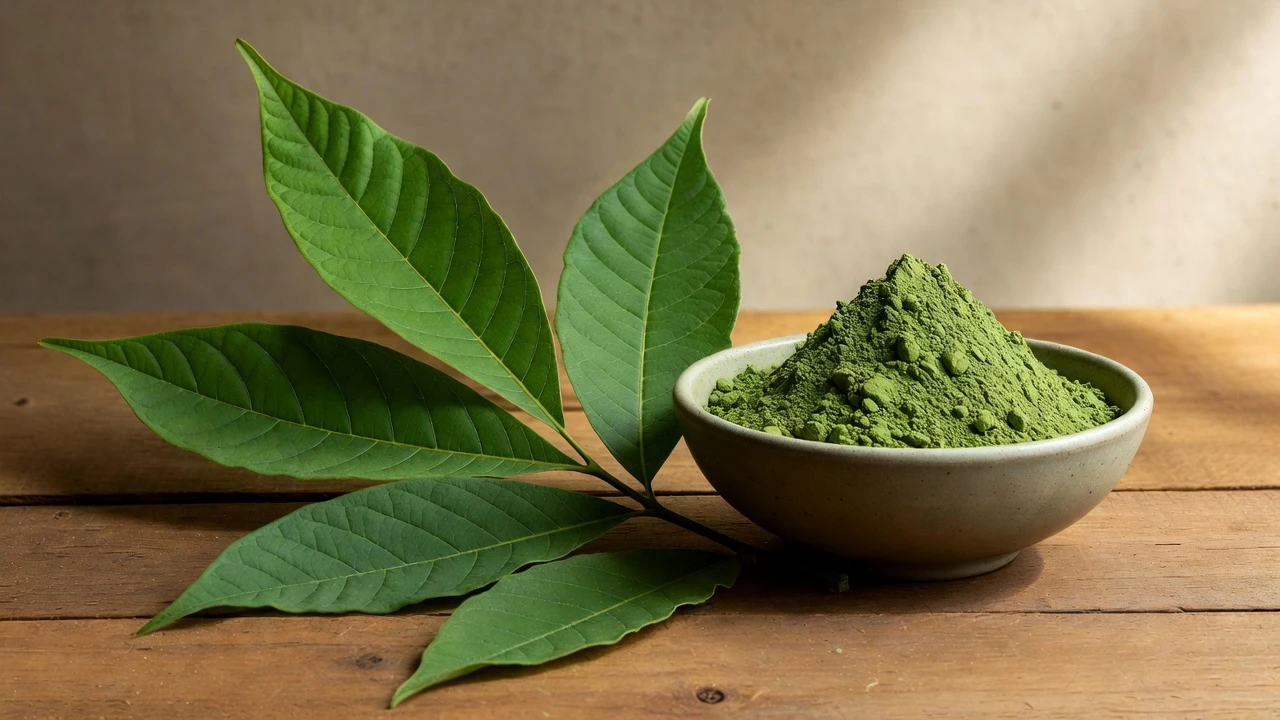 Kratom and the placebo effect with fresh green kratom leaves beside a small bowl of ground kratom powder on wooden surface