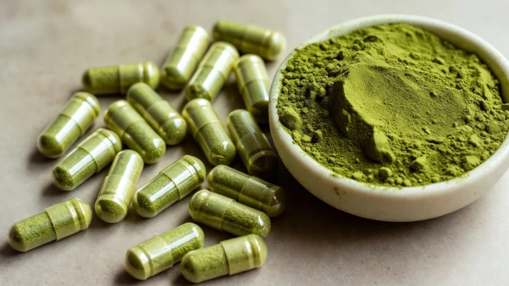 Loose kratom powder in a small white bowl beside scattered clear capsules filled with the same powder