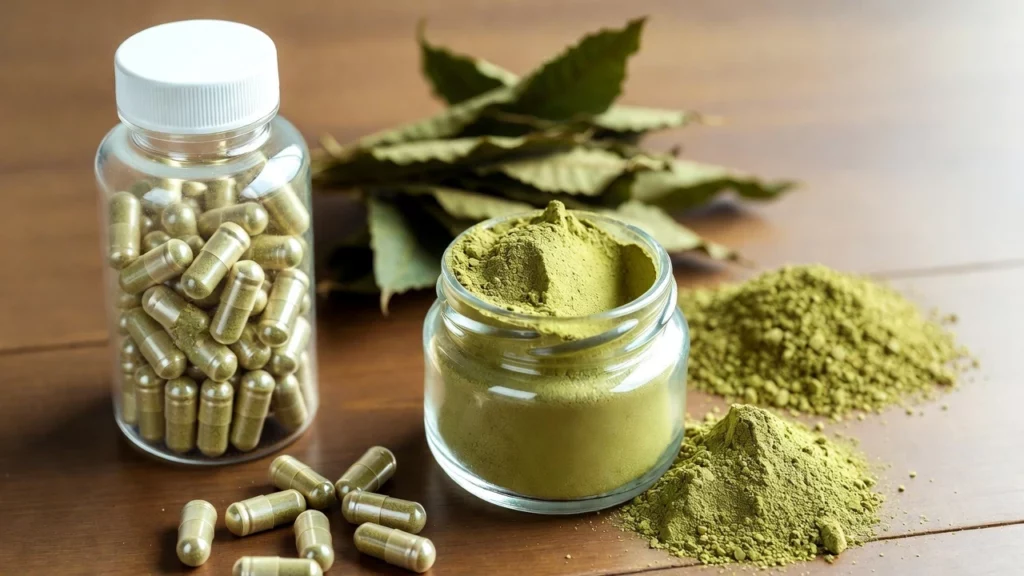 Kratom capsules in a clear bottle with scattered pills beside kratom powder in an open glass jar and dried kratom leaves on a wooden table