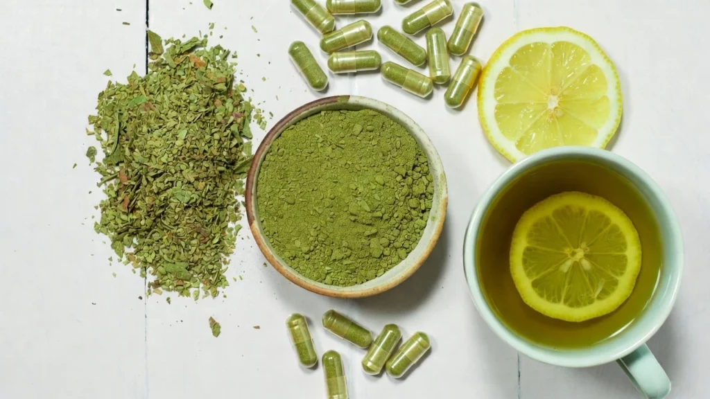 Flat-lay of various kratom products including dried crushed leaf, green powder capsules, and a cup of kratom tea with fresh lemon slices