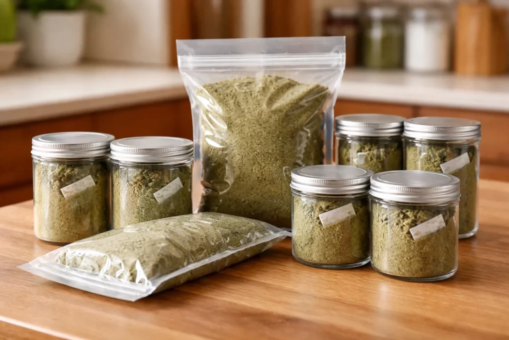 Assortment of airtight glass jars and clear vacuum-sealed bags filled with fine green kratom powder on a wooden kitchen counter