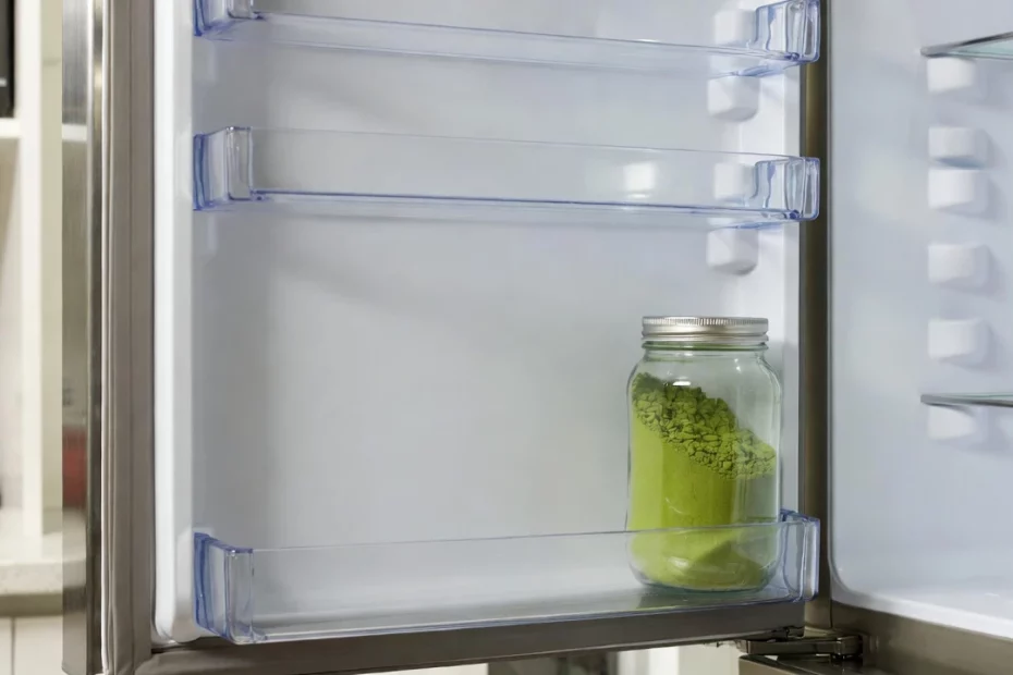 Refrigerating kratom with a sealed glass jar of powder stored on the door of the fridge