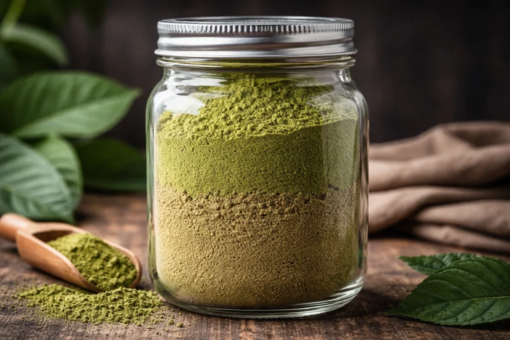 A jar of kratom powder showing different colour variations with a wooden scoop and scattered leaves on a wooden surface