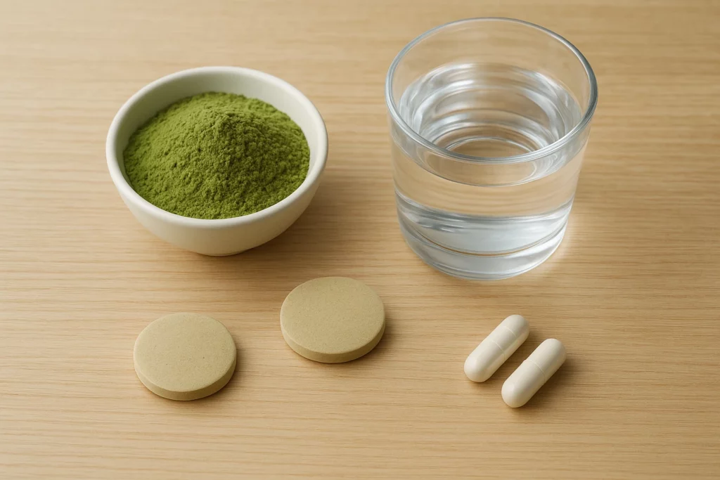 Green kratom powder in a white bowl, clear glass of water, beige oblate discs, and non-transparent kratom capsules arranged on a light wooden surface