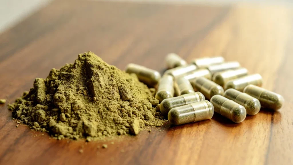 Pile of finely ground green kratom powder beside several translucent kratom capsules on a dark wooden table