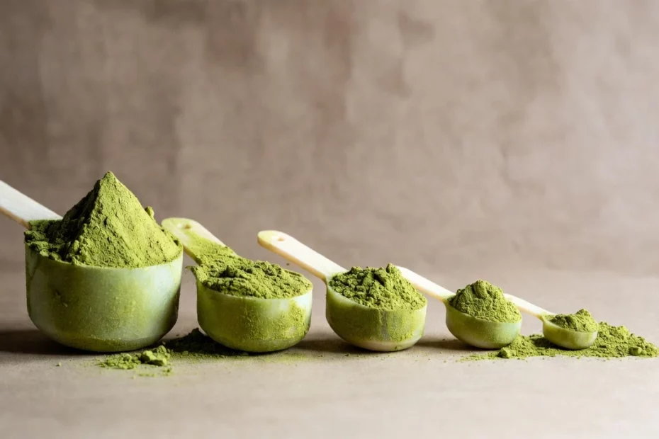 Decreasing sizes of measuring spoons filled with green kratom powder, arranged from largest to smallest for tapering dosage