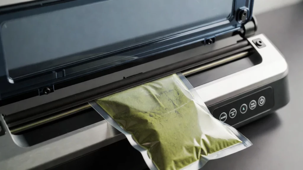 Vacuum sealer machine, actively sealing a clear plastic bag filled with kratom powder
