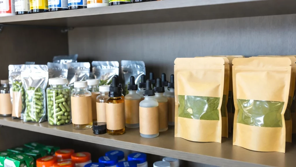 Variety of kratom supplements including green powder packets, capsule bottles, and amber tincture droppers arranged on wooden store shelf