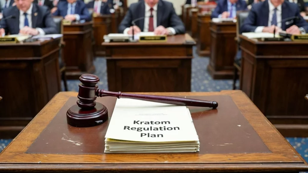A wooden gavel resting on a stack of documents titled "Kratom Regulation Plan" in a congressional hearing room with lawmakers seated