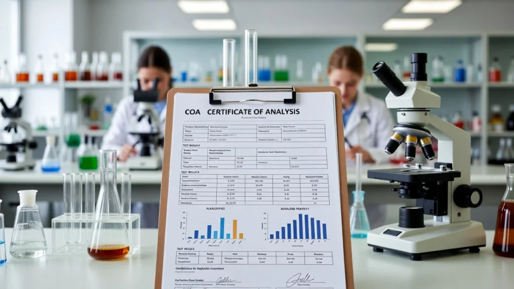 Certificate of Analysis document on clipboard in a chemistry lab showing test results