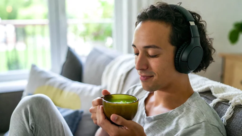 Young man with curly hair wearing over-ear headphones, eyes closed in relaxation, holding a cup of brewed kratom tea