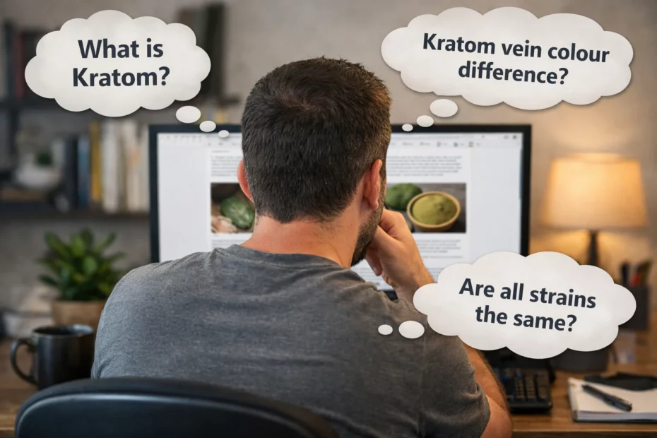 Man at desk researching misunderstood kratom terms, including thought bubbles of different examples around his head