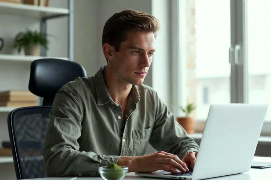 A young man intensely focused on the laptop screen with a small bowl of kratom powder being used as a focus aid.