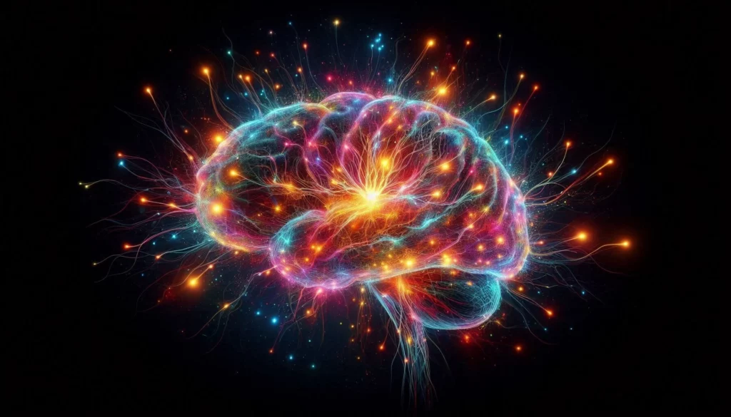 Colourful glowing human brain with exploding neural connections and synapses firing against a black background