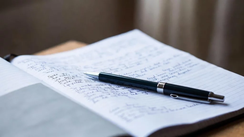 Open lined notebook filled with handwritten notes, resting on a wooden surface with a sleek dark green fountain pen placed across the page