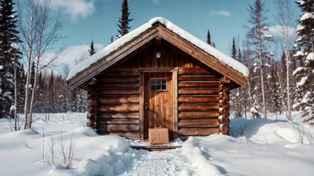 A log cabin in a snowy forest with a parcel on its front doorsteps