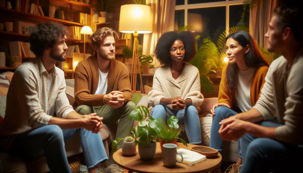 A group of five young adults sitting in a plant-filled living room, engaged in a serious conversation